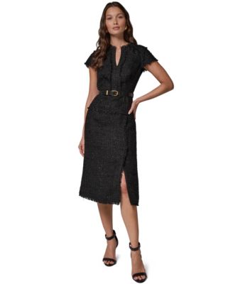 Women's Belted Split-Neckline Tweed Midi Dress
