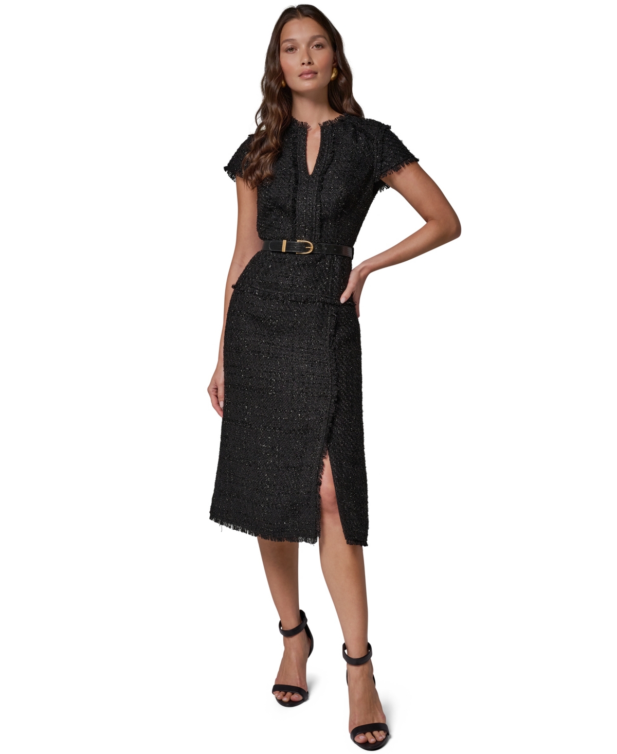 Donna Karan Women's Belted Split-neckline Tweed Midi Dress In Black (black)