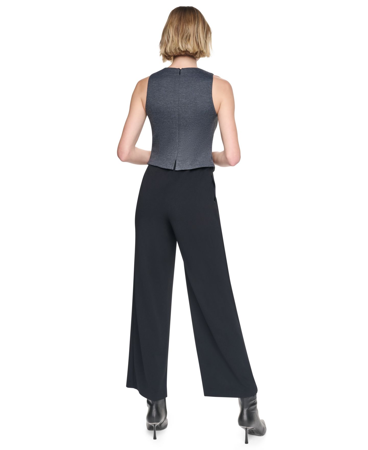Женский комбинезон DKNY Sleeveless Vest V-Neck Wide-Leg Jumpsuit, цвет: Чёрный / Серый — фото 5