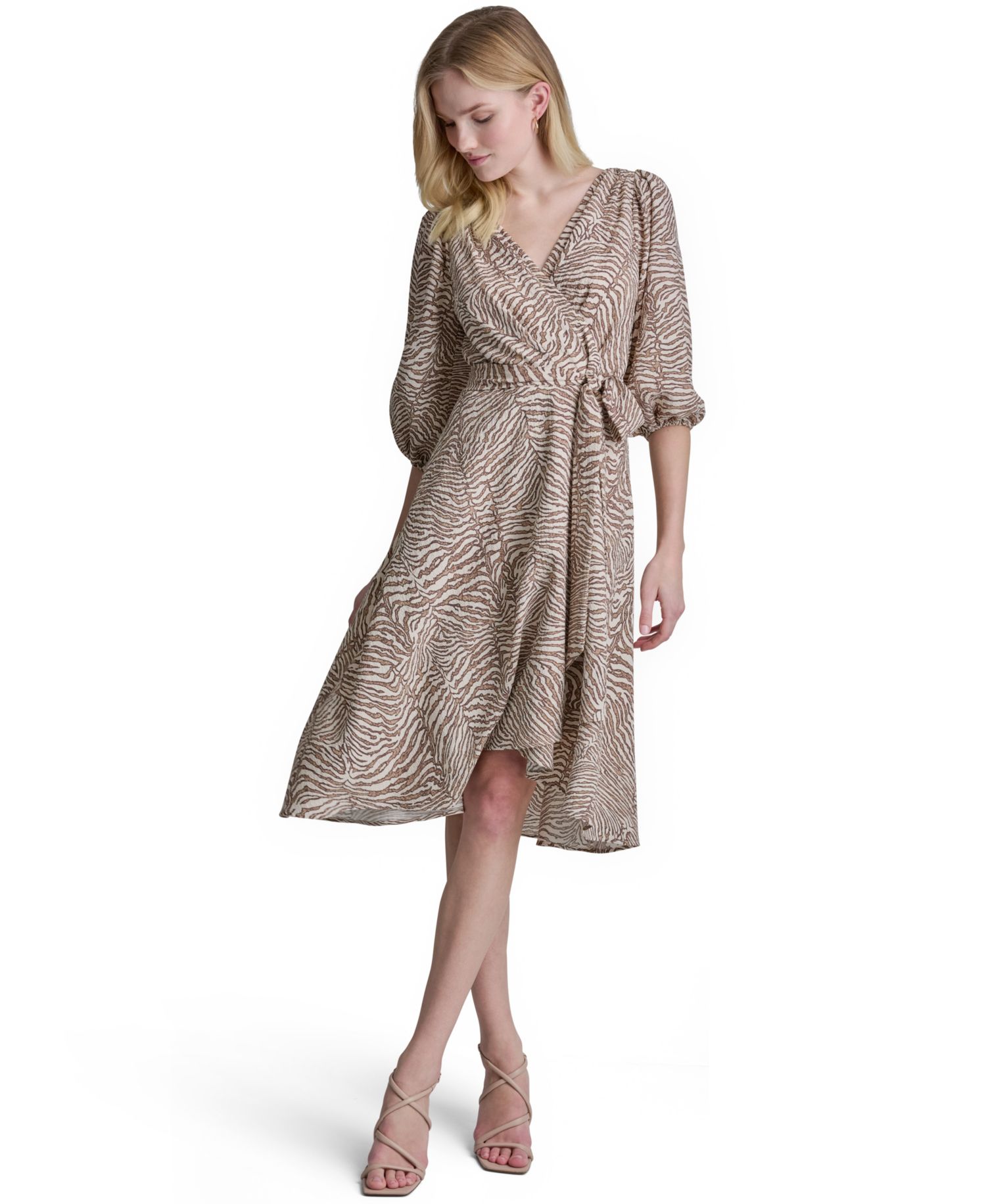 Women's 3/4-Balloon-Sleeve Wrap Midi Dress