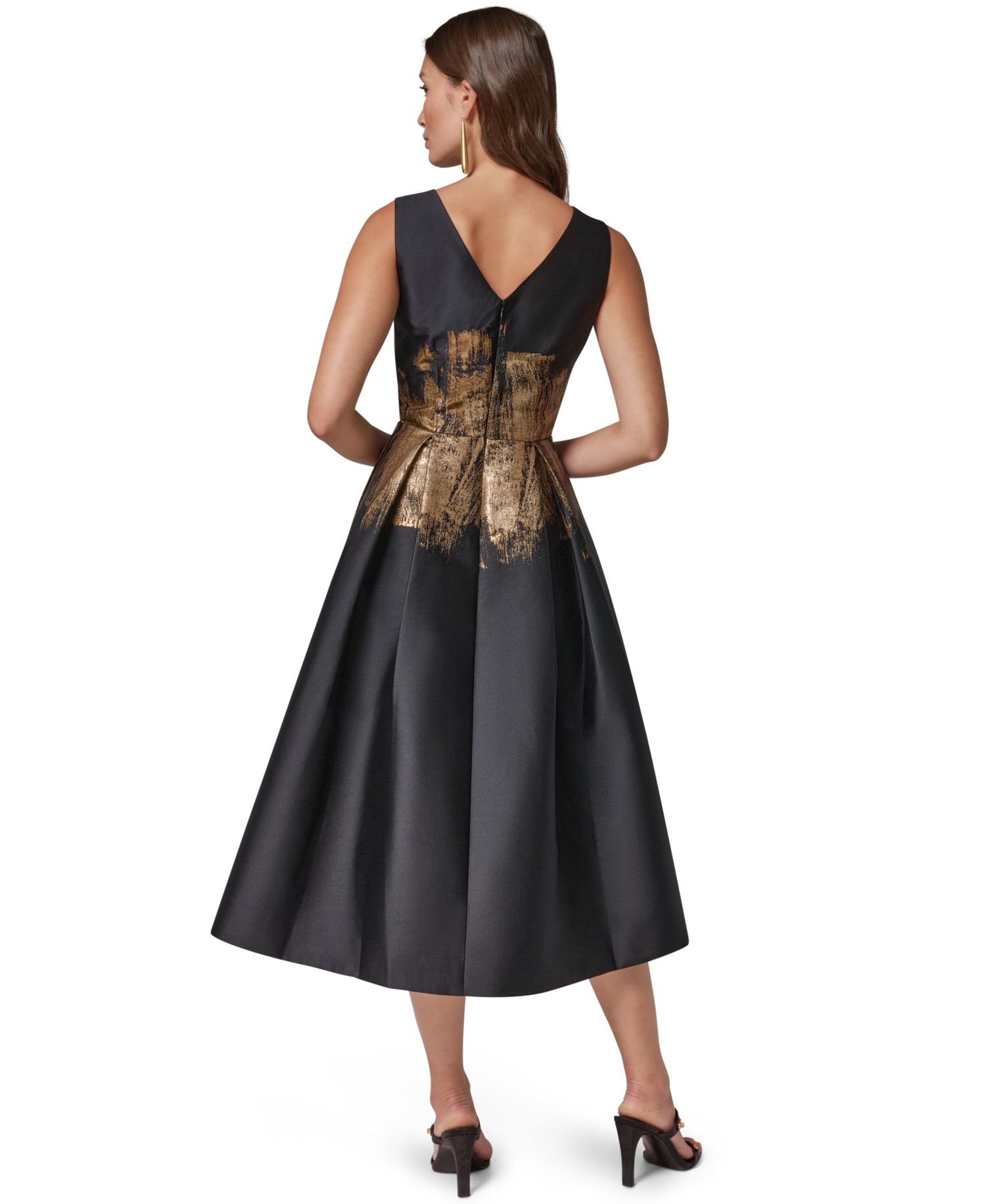 Women's Metallic Brushstroke Jacquard V-Neck Fit & Flare Dress