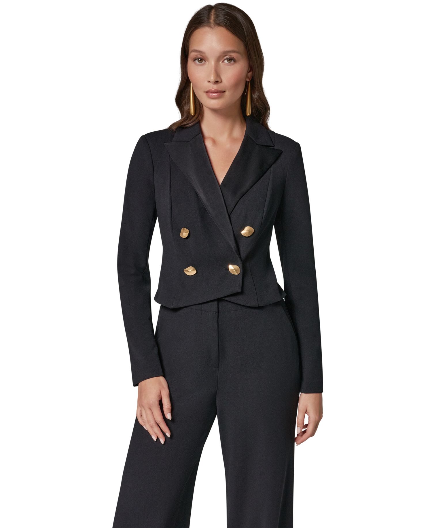 Women's Satin Lapel Long-Sleeve Double-Breasted Wide-Leg Jumpsuit