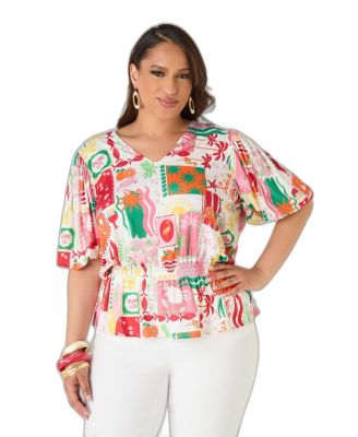 Plus Size V-Neck Peplum Bubble-Sleeve Blouse
