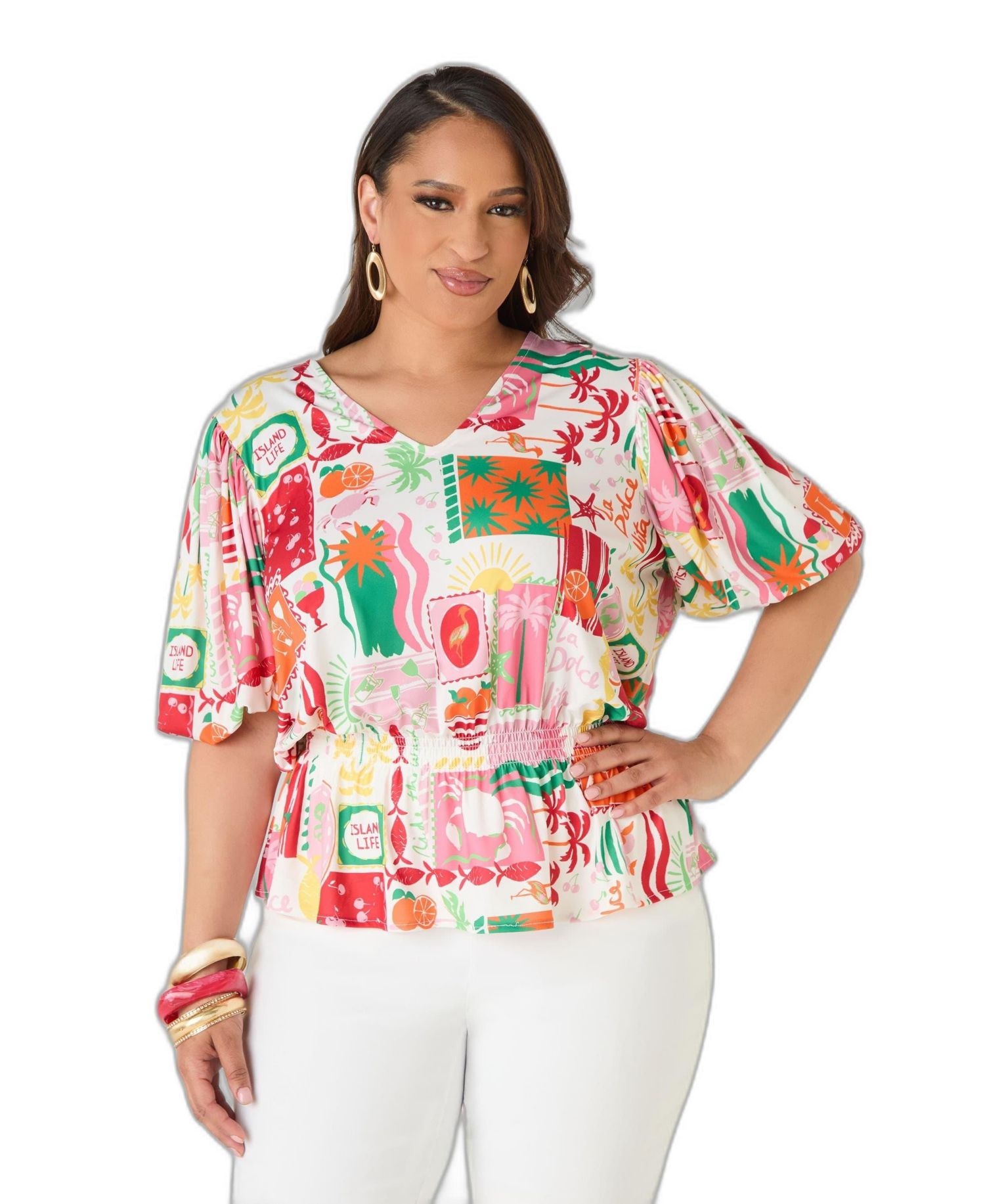 Plus Size V-Neck Peplum Bubble-Sleeve Blouse