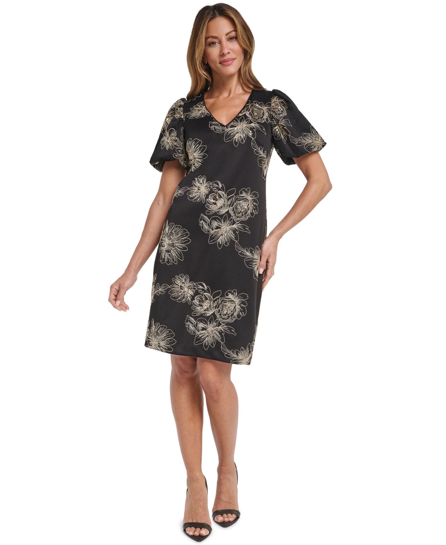 Женское платье Eliza J V-Neck Puff-Sleeve Floral-Print, цвет: Бордовый — фото 1