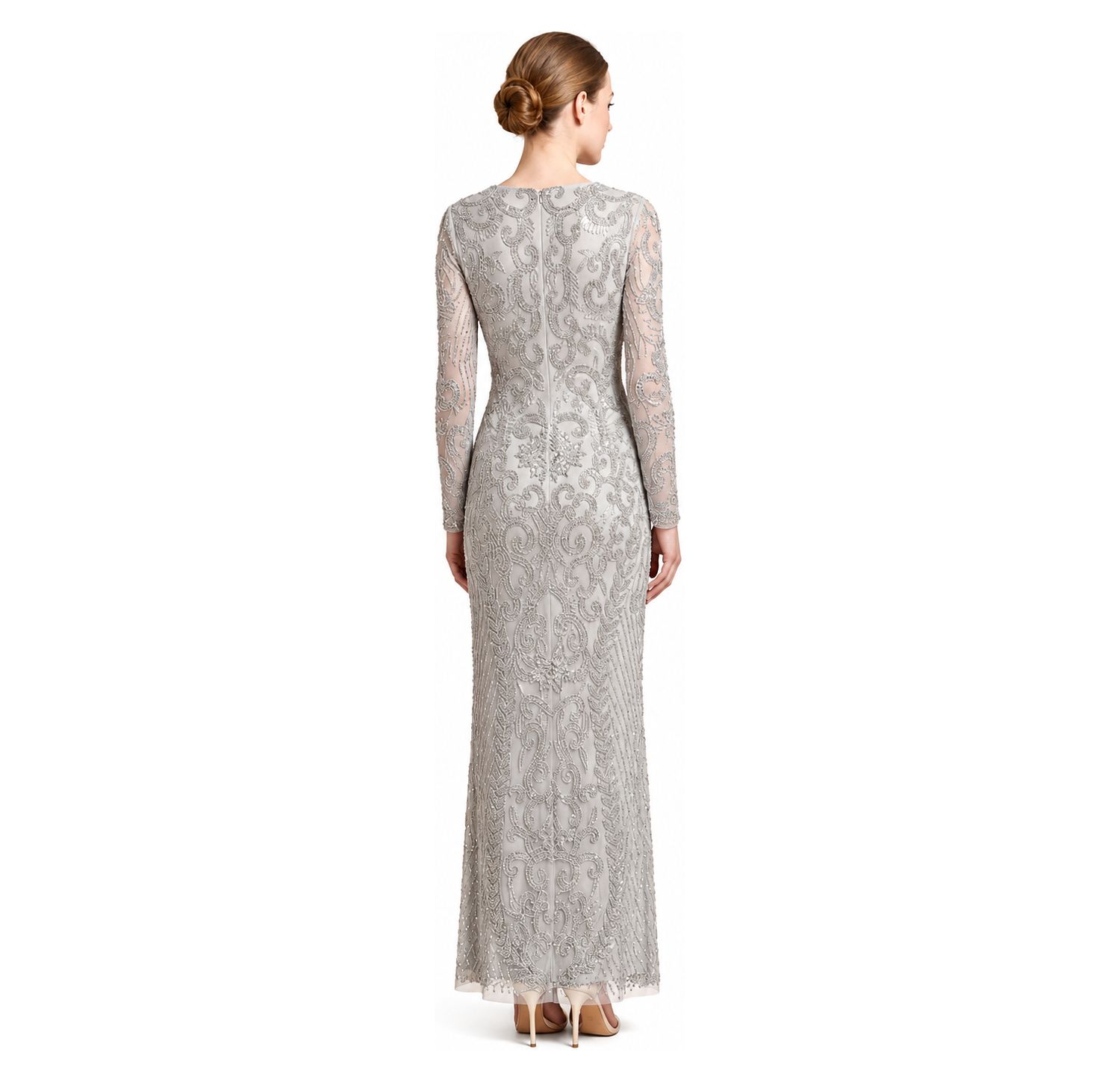 Women's Beaded Long-Sleeve V-Neck Gown