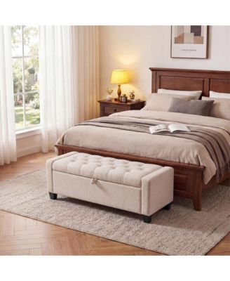 Storage Bench with Padded Linen-Style Fabric Rubber Wood Legs 48.4 Inch for Bedroom Entryway Living Room End of Bed
