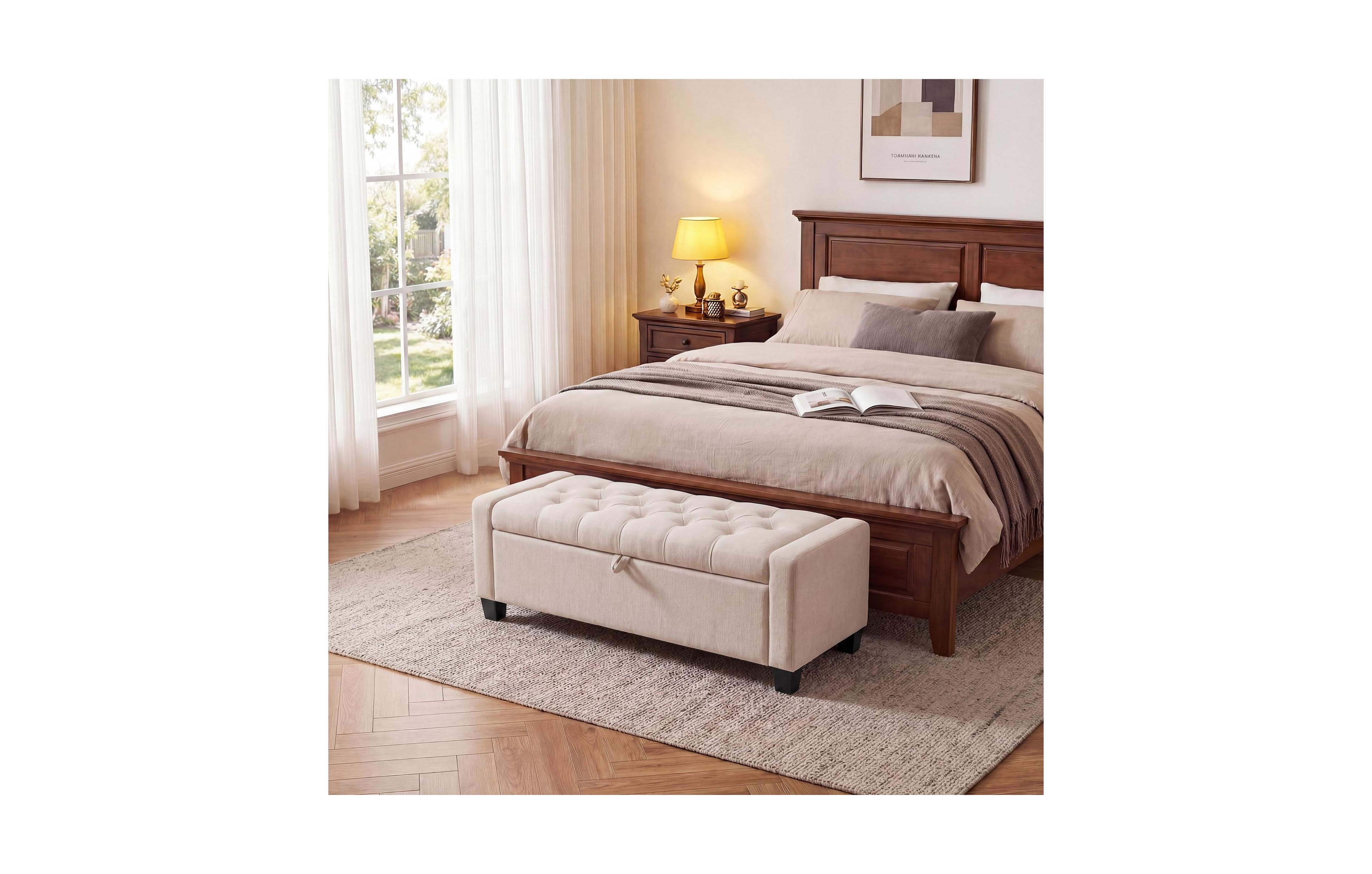 homfan Storage Bench with Padded Linen-Style Fabric Rubber Wood Legs 48.4 Inch for Bedroom Entryway Living Room End of Bed
