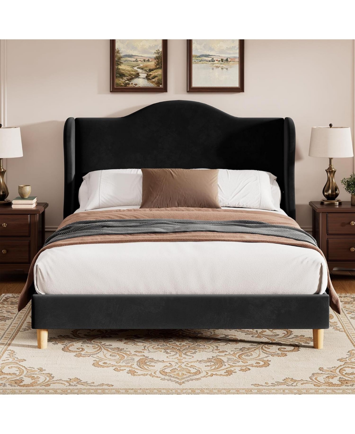 gaomon Upholstered Platform Full Bed Frame,Velvet Curved Headboard, Black Retro Upholstered Platform Bed Frame with 50.48" Headboard, 12 Wooden Slats