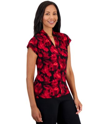 Petite Everyday Knit Funnel-Neck Floral-Print Blouse