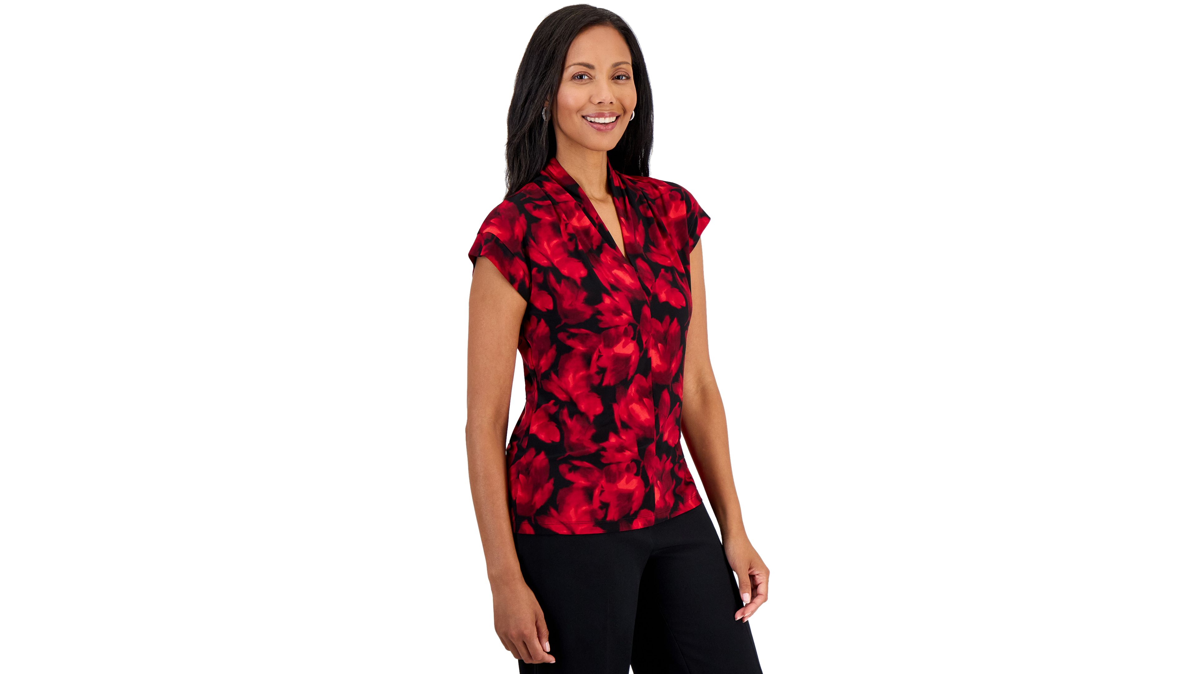 Kasper Womens Everyday Knit Floral Funnel Neck Short Sleeve Blouse