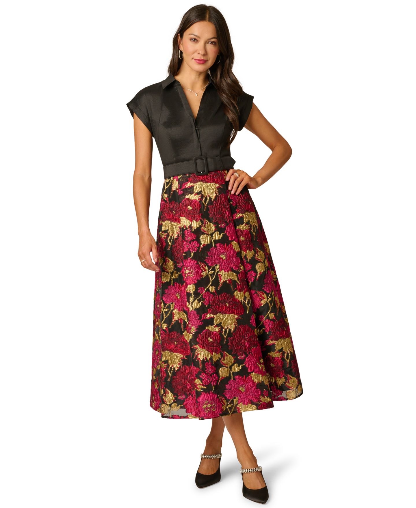 Женское платье Adrianna Papell Petite Floral-Print A-Line Midi Shirt Dress, цвет: Чёрный розовый разноцветный — фото 6