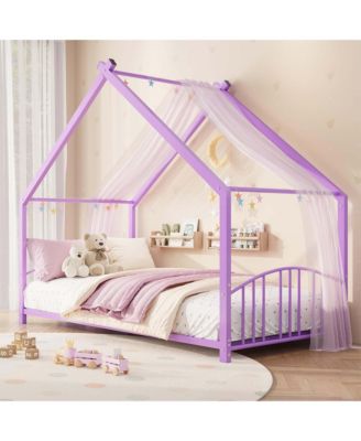House Floor Bed Frame with Roof and Rails Sturdy Montessori Style Toddler Bed for Boys Girls Kids Room