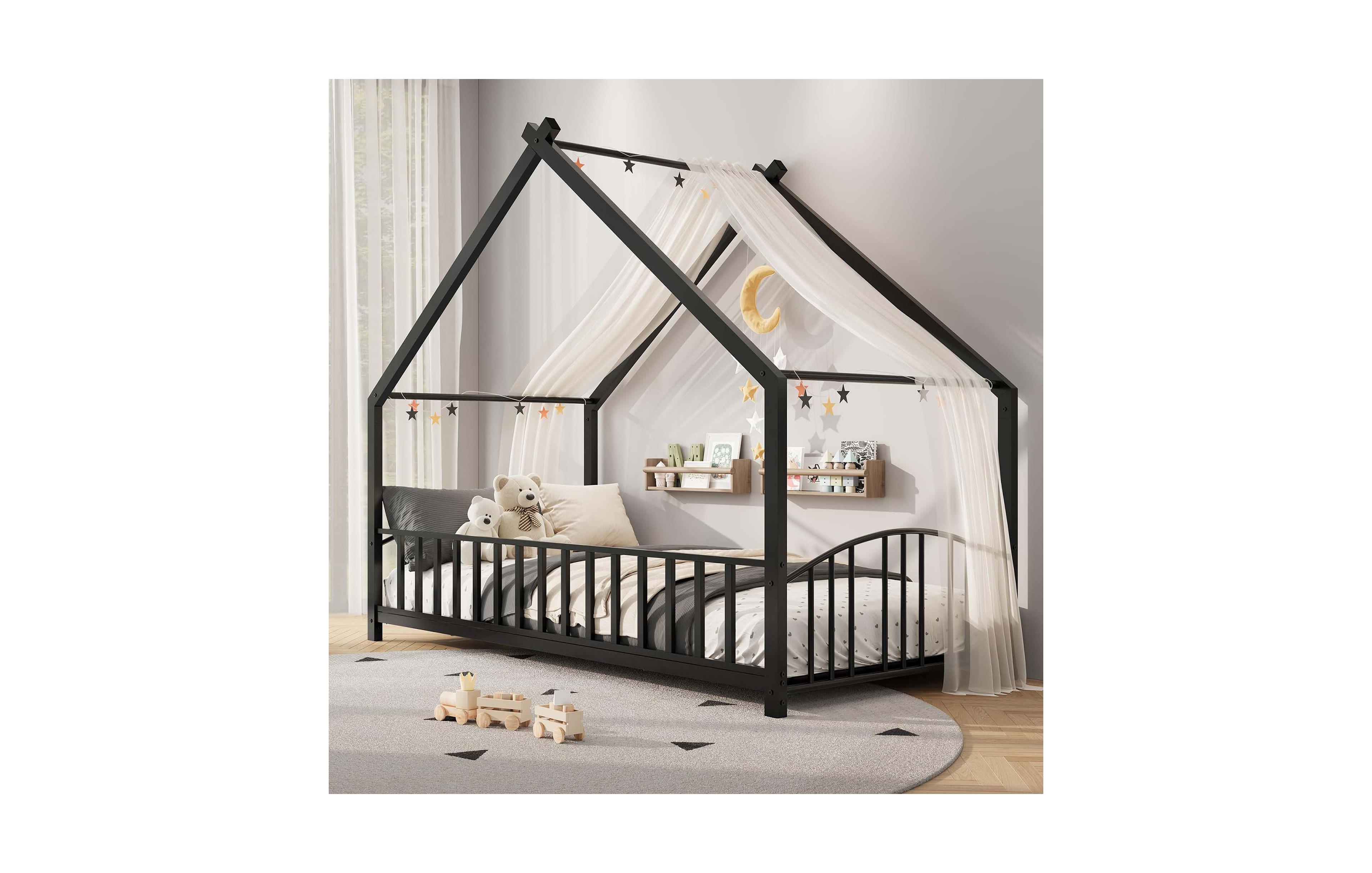 homfanMetal House Floor Bed Frame with Roof and Rails Sturdy Montessori Style Toddler for Boys Girls Kids Room