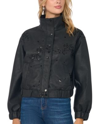 Women's Faux Leather Embellished Bomber Jacket