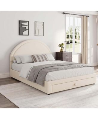 Full Size Chenille Upholstered Bed Frame with Storage Drawer Curved Arched Headboard Heavy Duty No Box Spring Needed for Bedroom