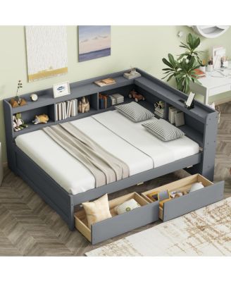 L-Shaped Bookcase Bed, Platform Bed with USB Charging Port, 2 Storage Drawers, Wood Storage Bed for Bedroom Small Space Apartment
