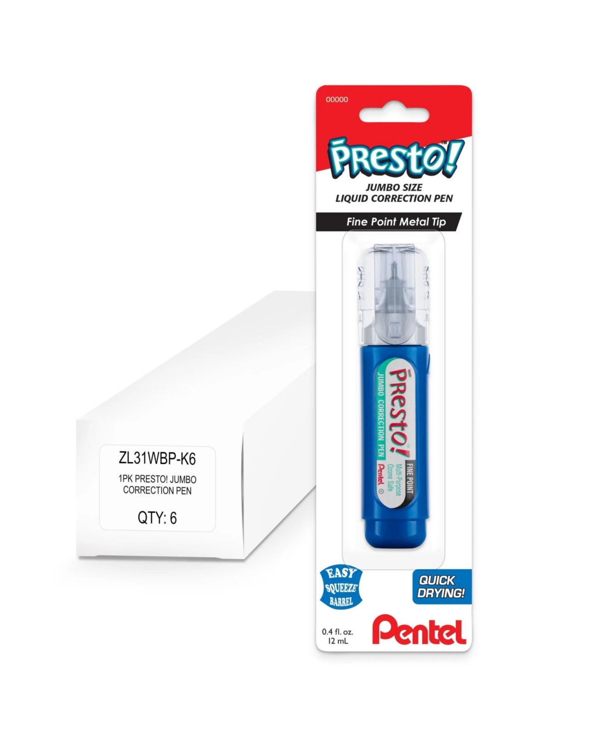 Pentel Presto Jumbo Correction Pen Fine Point Metal Tip 12 ml/0.4 fl oz. 1 Pk Box of 6