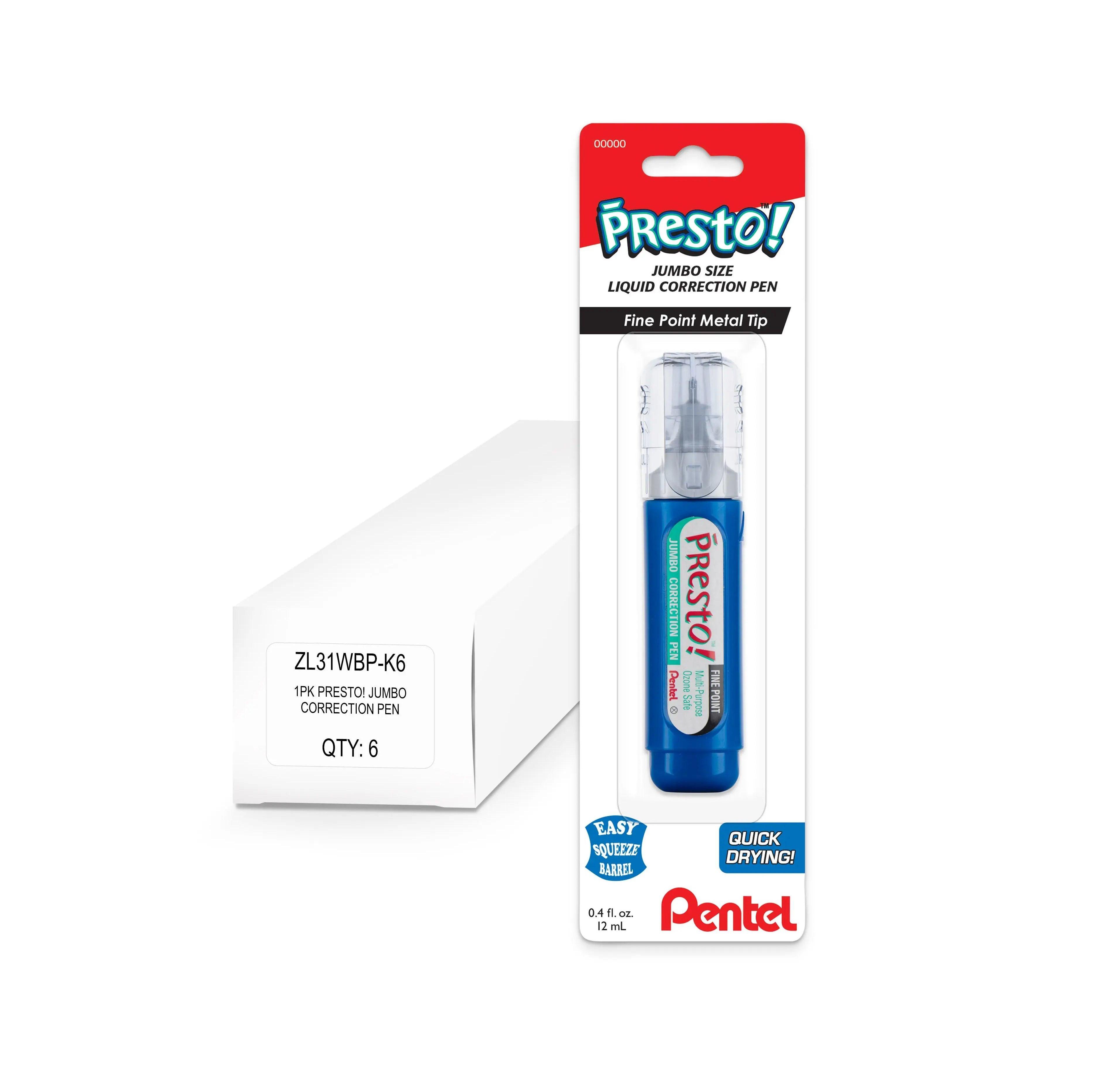 Pentel Presto Jumbo Correction Pen Fine Point Metal Tip 12 ml/0.4 fl oz. 1 Pk Box of 6