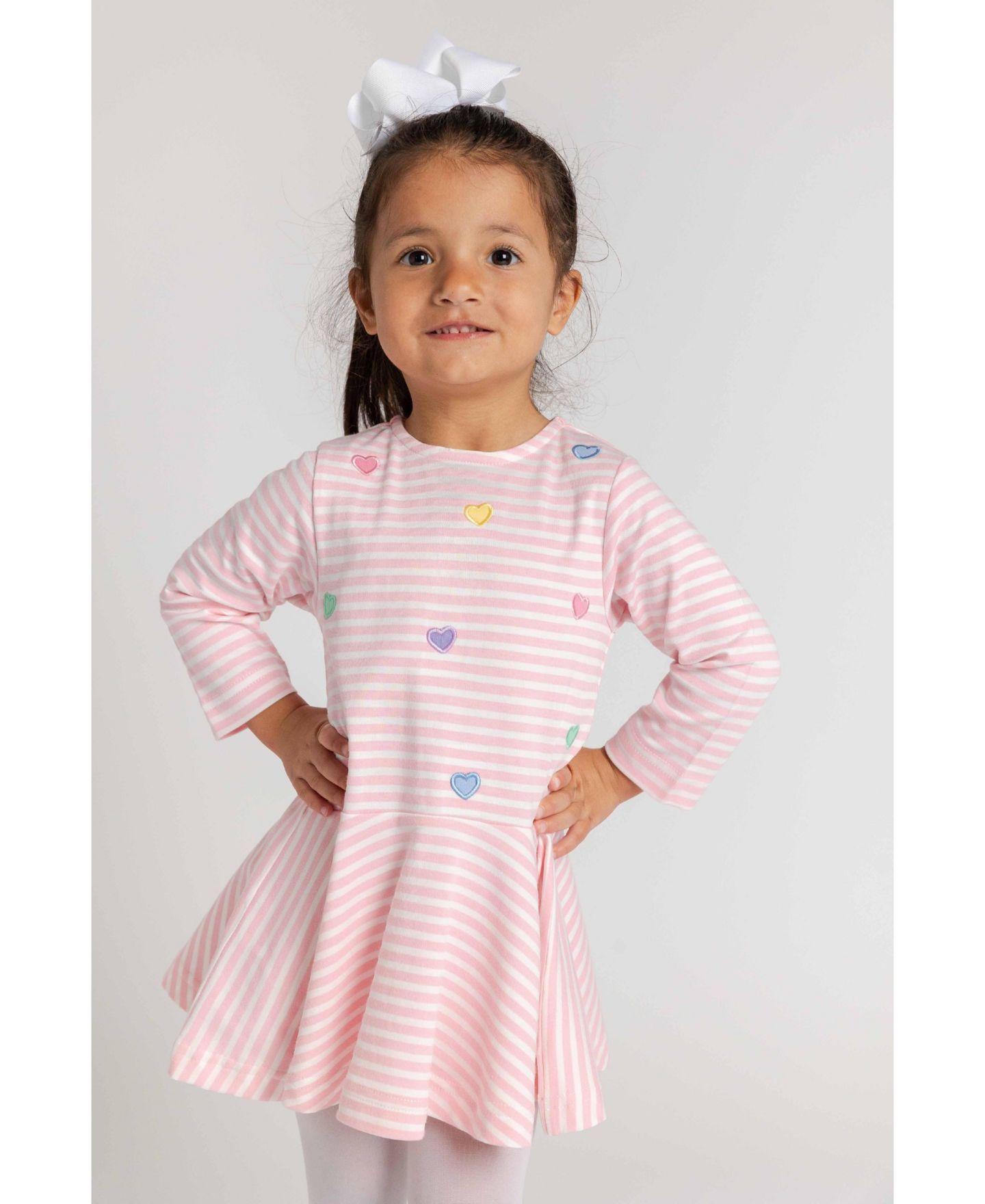 Платье Florence Eiseman Long-Sleeve Drop-Waist Heart-Applique Dress для девочек-малышей, цвет: Розовый / Белый — фото 3