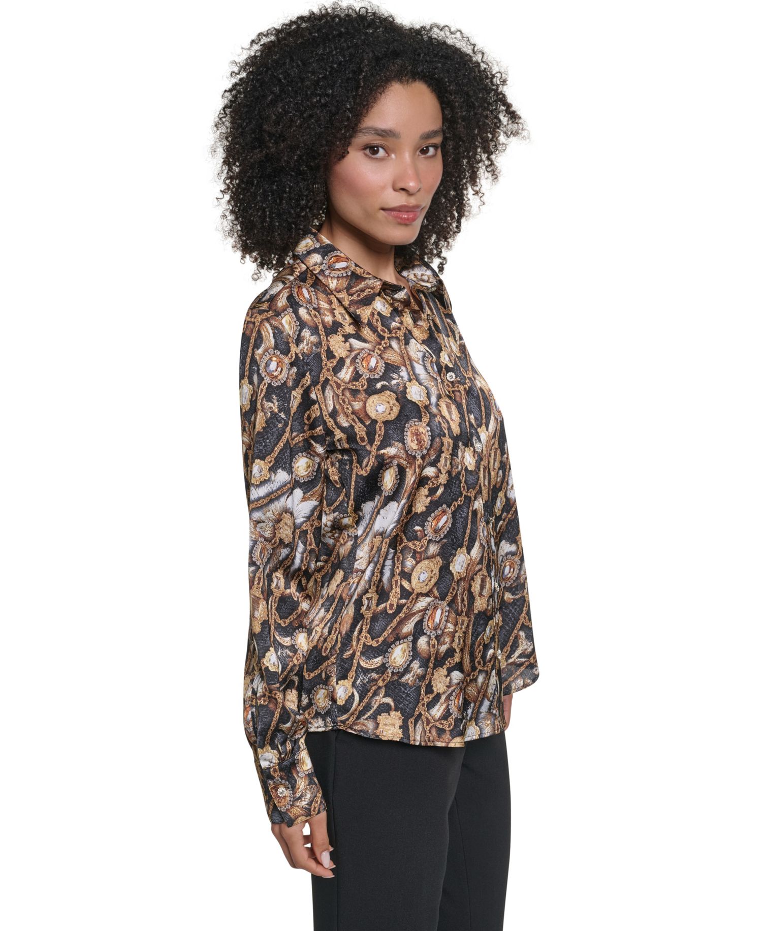 Women's KL623 Satin Long-Sleeve Point-Collar Blouse