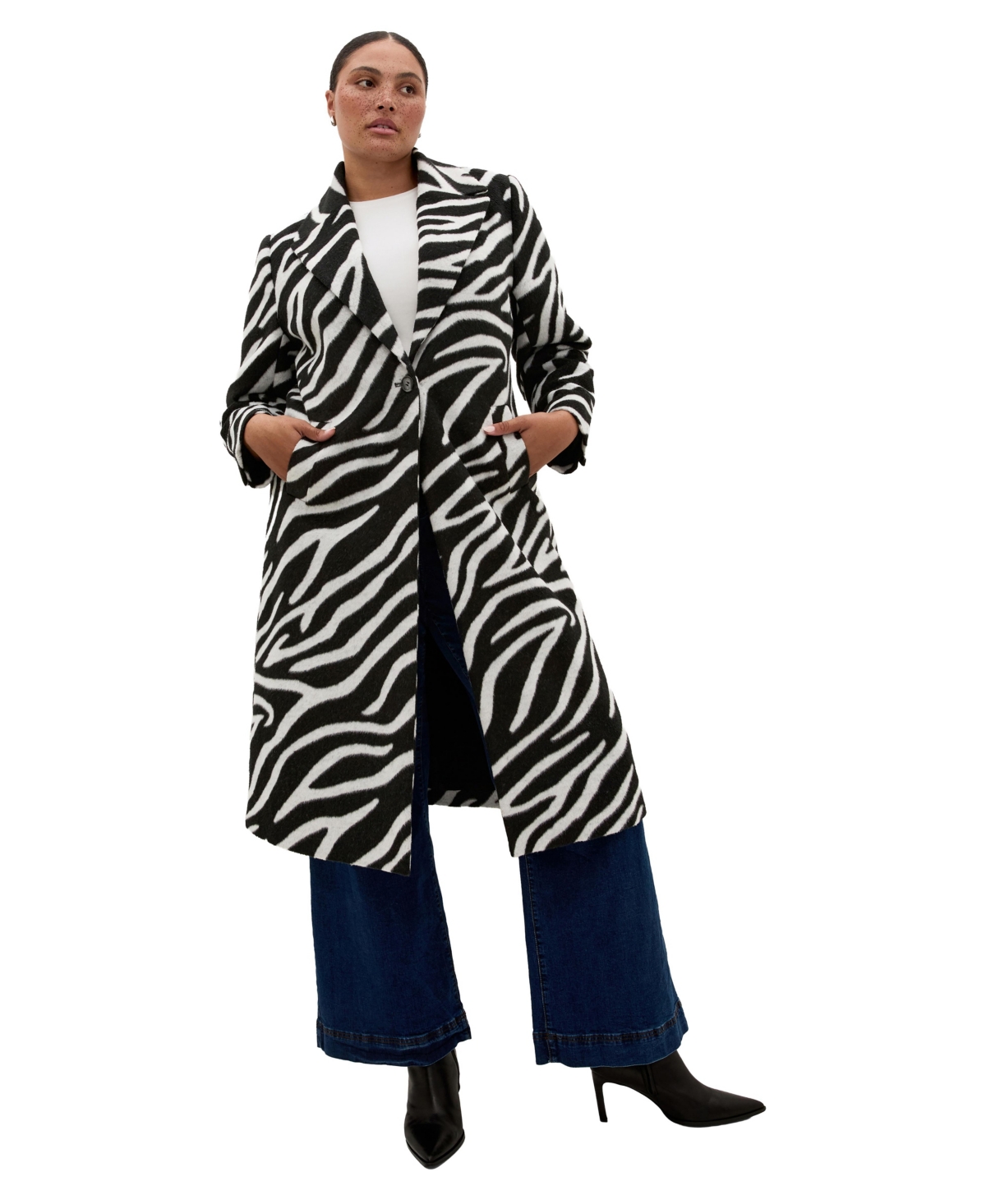City Chic Plus Size Charlotte Animal-Print Longline Brushed-Melton Coat - Zebra