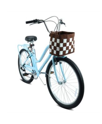 26" 7-Speed City Commuter Bike with lock, detachable basket, high-tensile steel frame, alloy wheels, and V-brakes for urban riding.