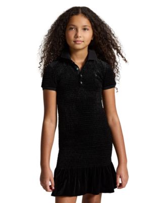 Girls' 7-16 Smocked Velour Short-Sleeve Polo Dress
