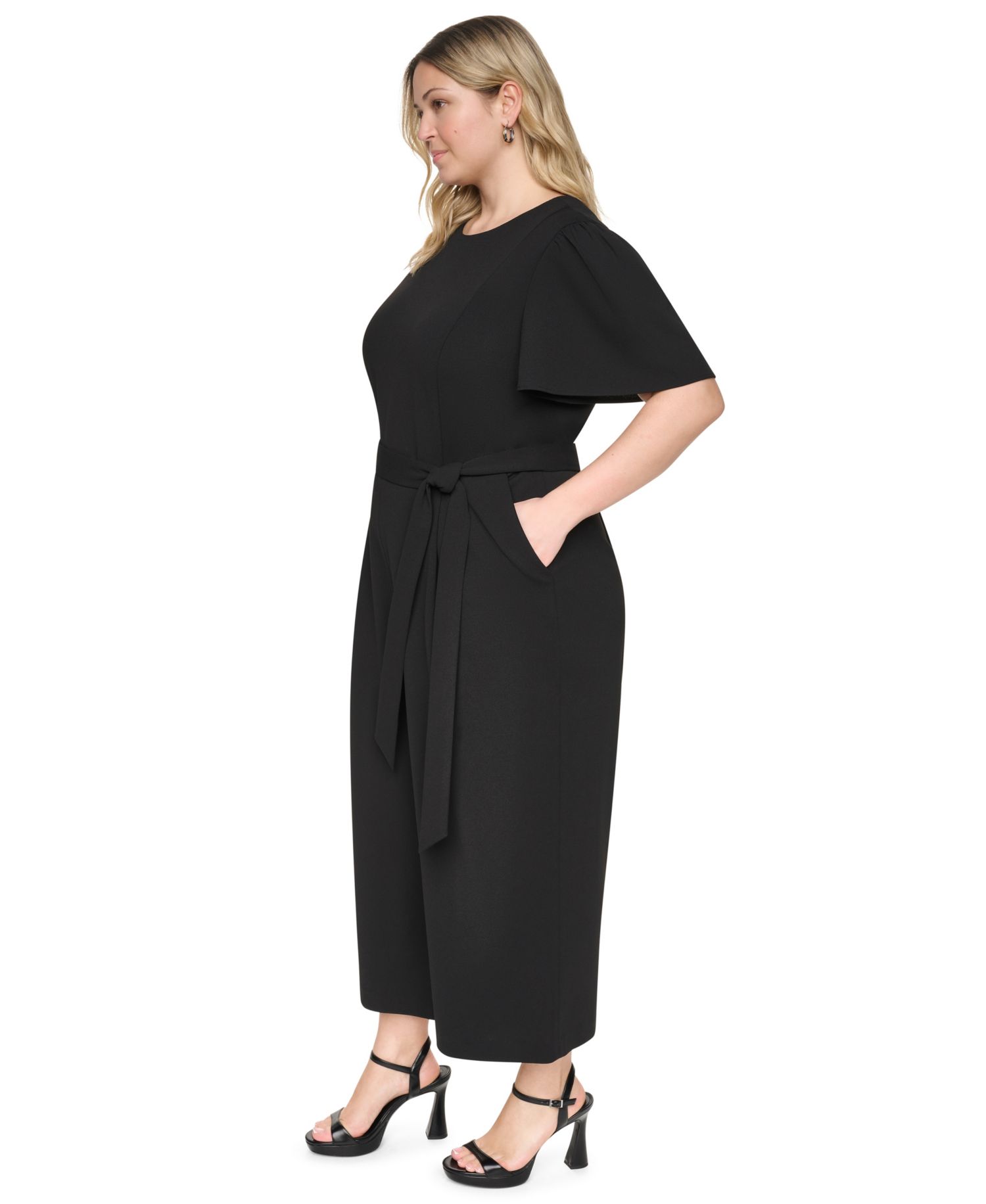 Plus Size Flutter Sleeve Wide-Leg Cropped Jumpsuit