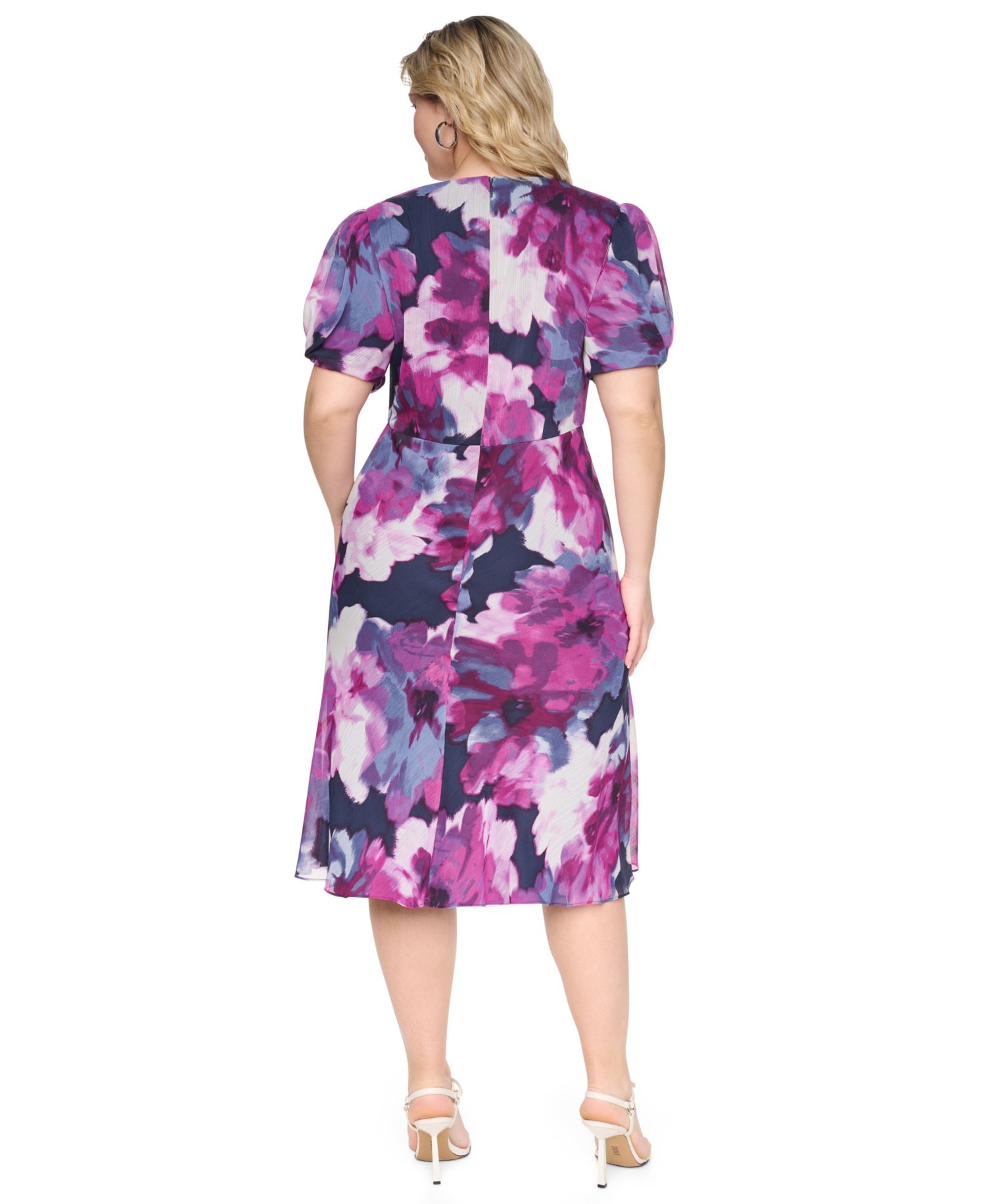 Plus Size Empire Waist Floral Puff-Sleeve Midi Dress
