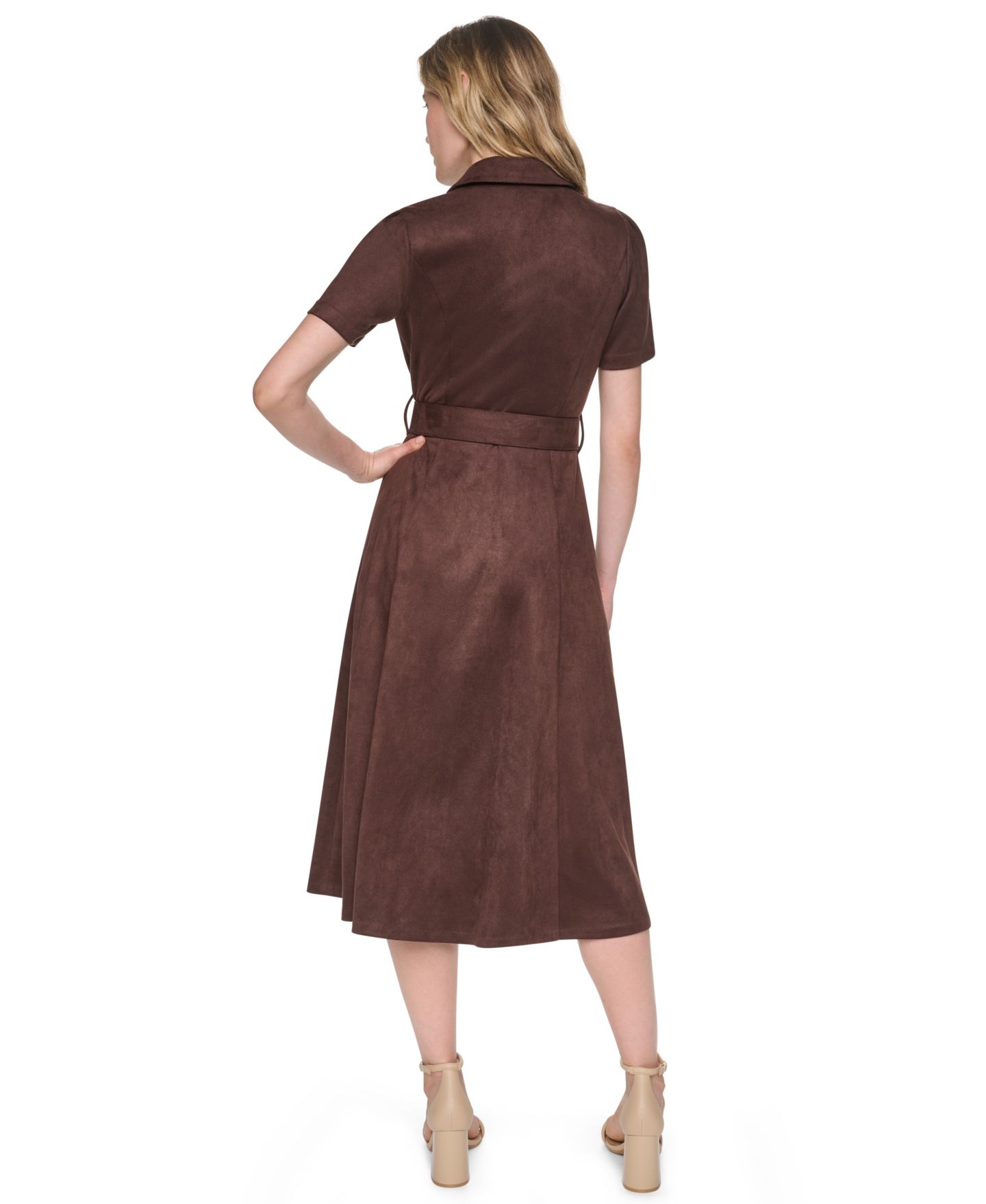 Женское платье DKNY Petite Faux Suede Short-Sleeve Midi Shirt Dress, цвет: Кофейный — фото 6