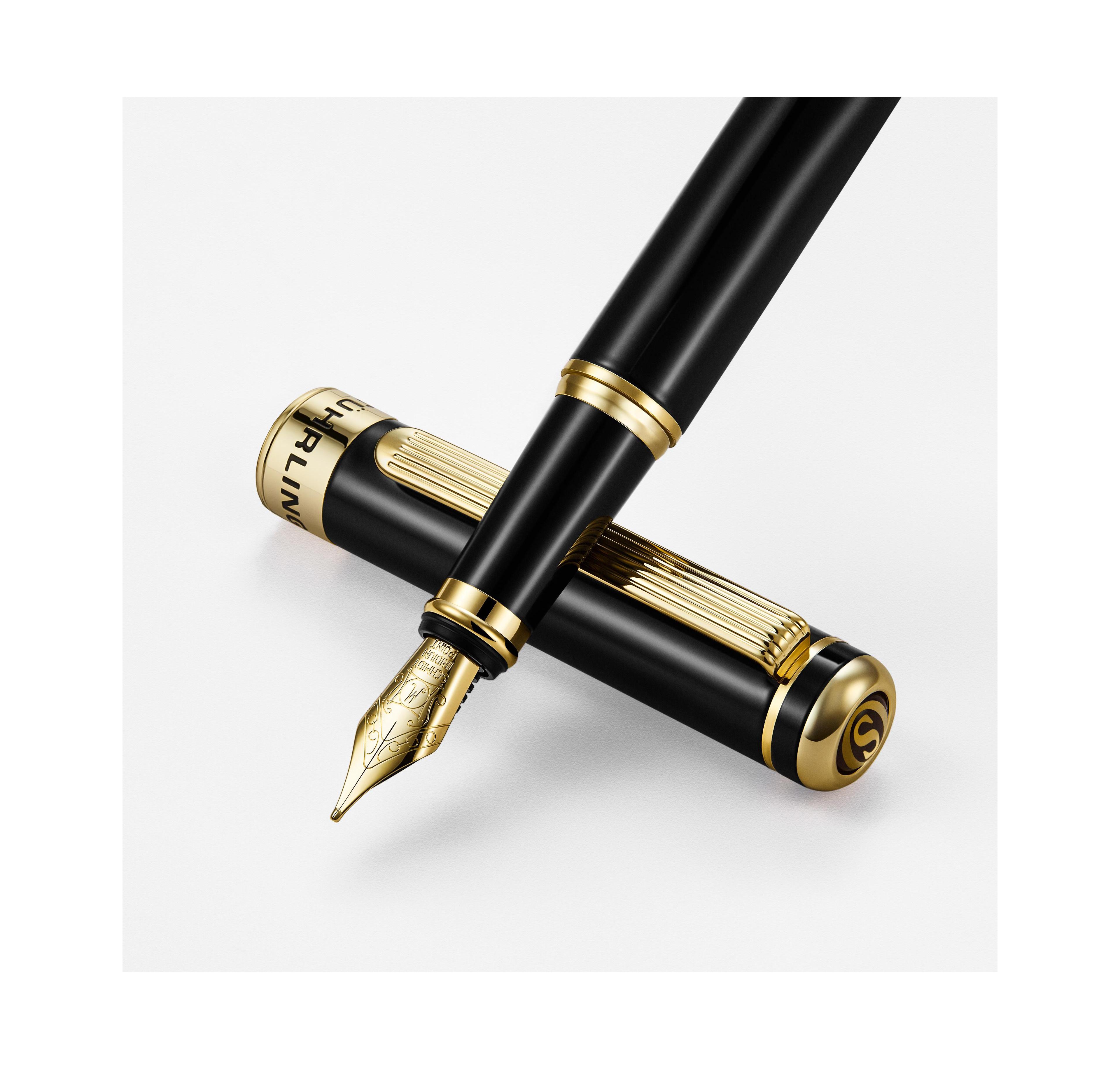 Stuhrling Luxury Refillable Fountain Pen, Black Lacquer Brass with 24K Gold-Plated Accents