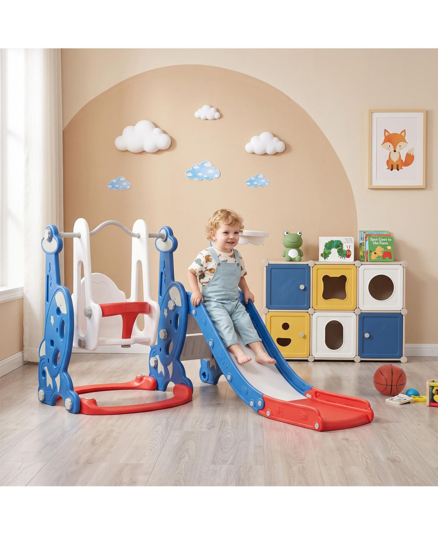 Детский игровой набор homfan Multi-Function Indoor Slide and Swing Play Set with Basketball Hoop, Ages 1+, цвет: Синий — фото 4