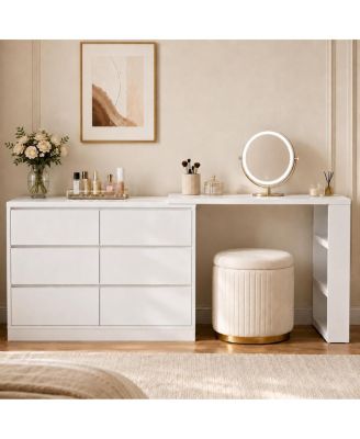 L-Shaped Vanity Desk with 6 Drawers, Extendable Makeup Table, Modern White Corner Desk