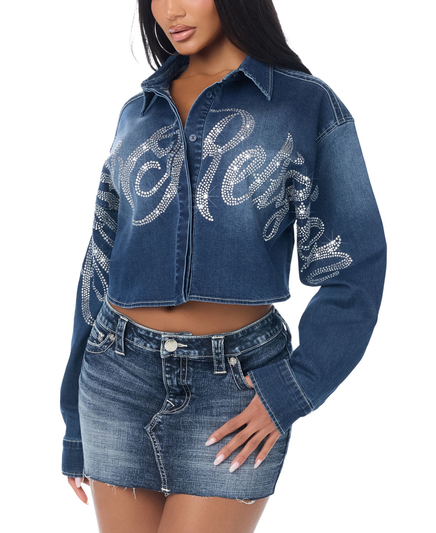 Women's Long-Sleeve Crop Crystal Denim Shirt