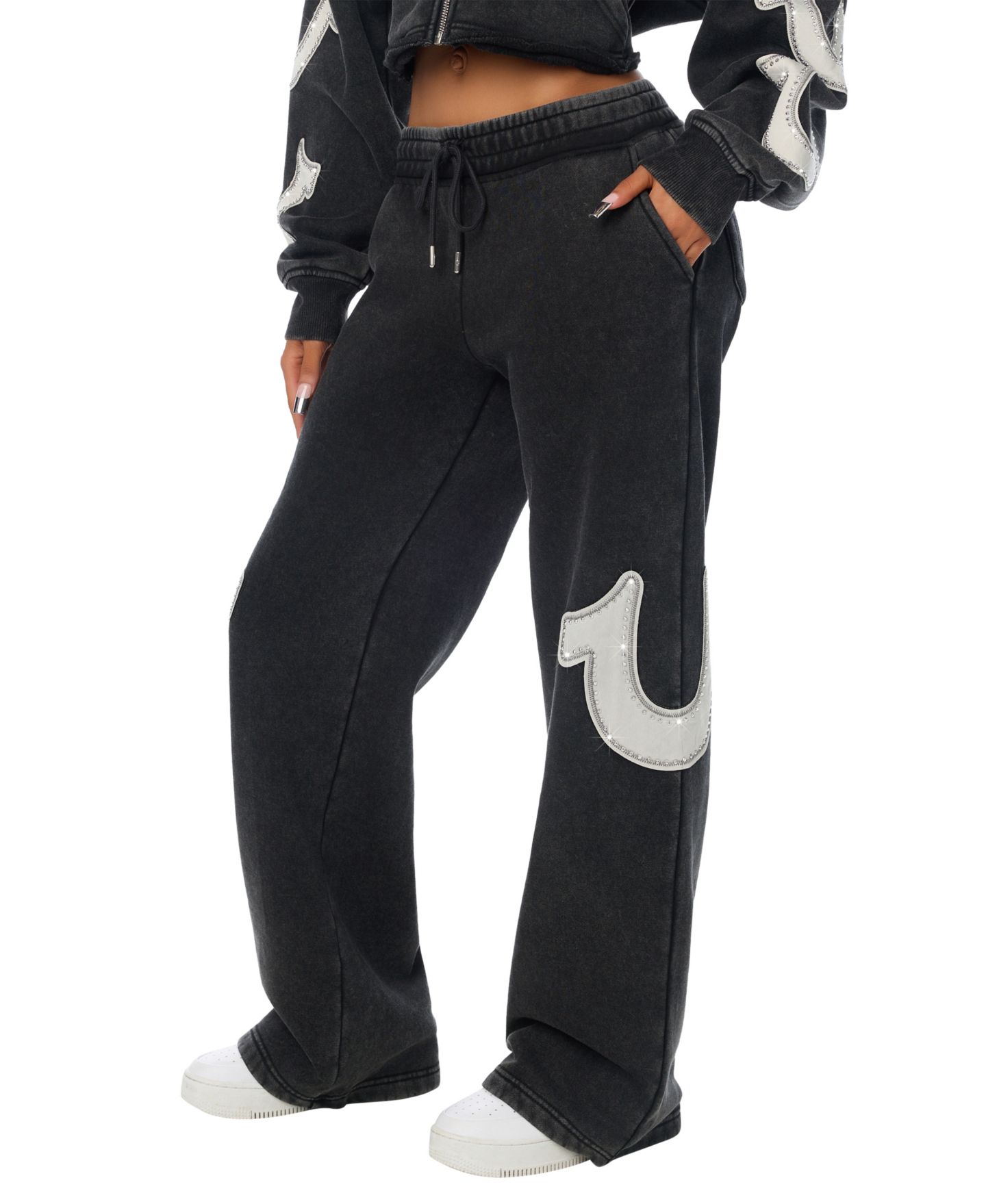 Женские брюки True Religion Low-Rise Straight Leg Cotton-Blend Drawstring Sweatpants, цвет: Угольно-чёрный — фото 2