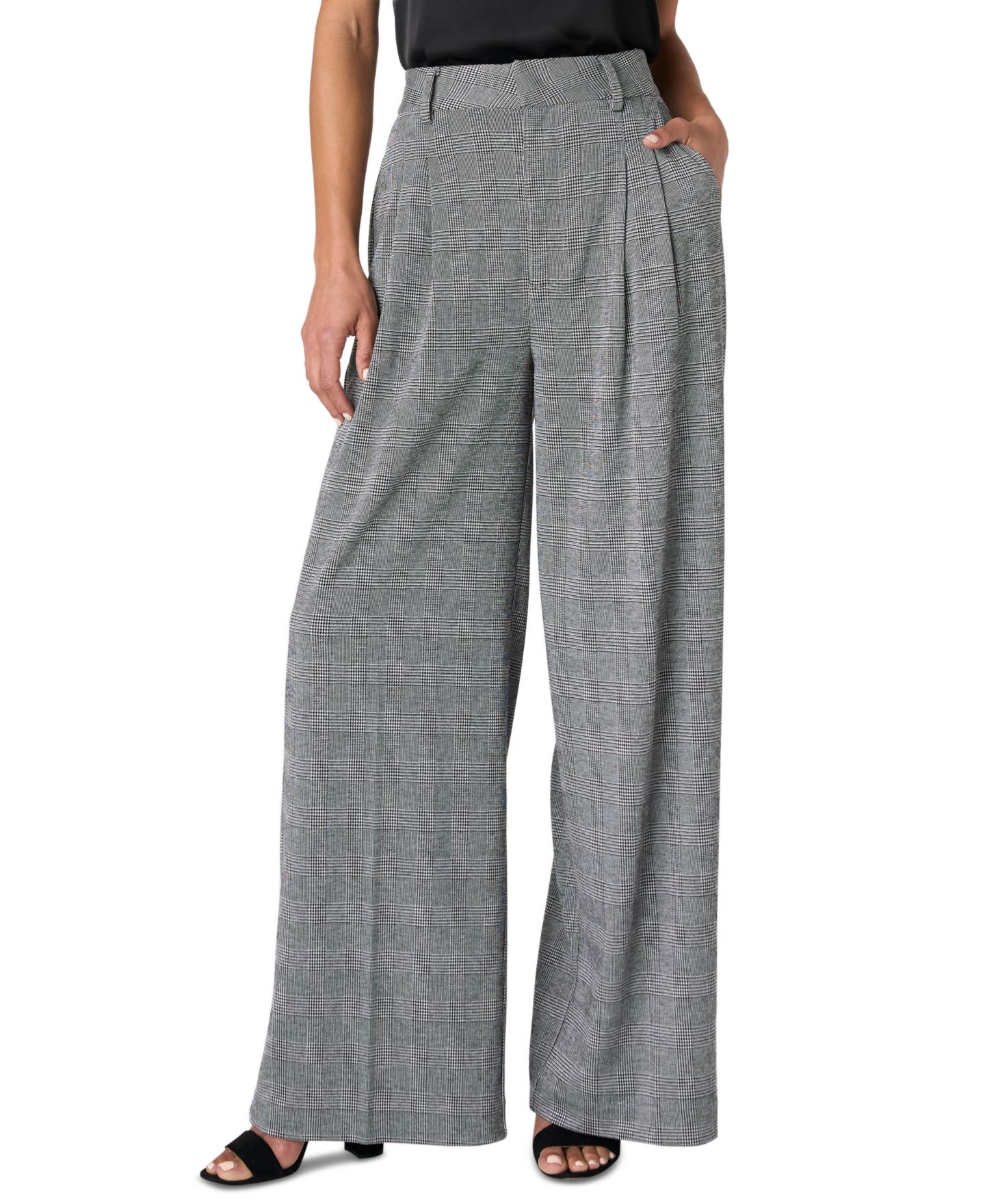 Женские брюки Liverpool Los Angeles Petite Brooke Glen Plaid High-Waisted Wide-Leg, цвет: Чёрный / Белый — фото 1