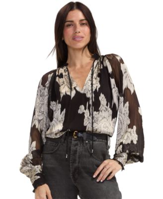 Women's Floral-Print Long-Sleeve V-Neck Tie-Front Blouse