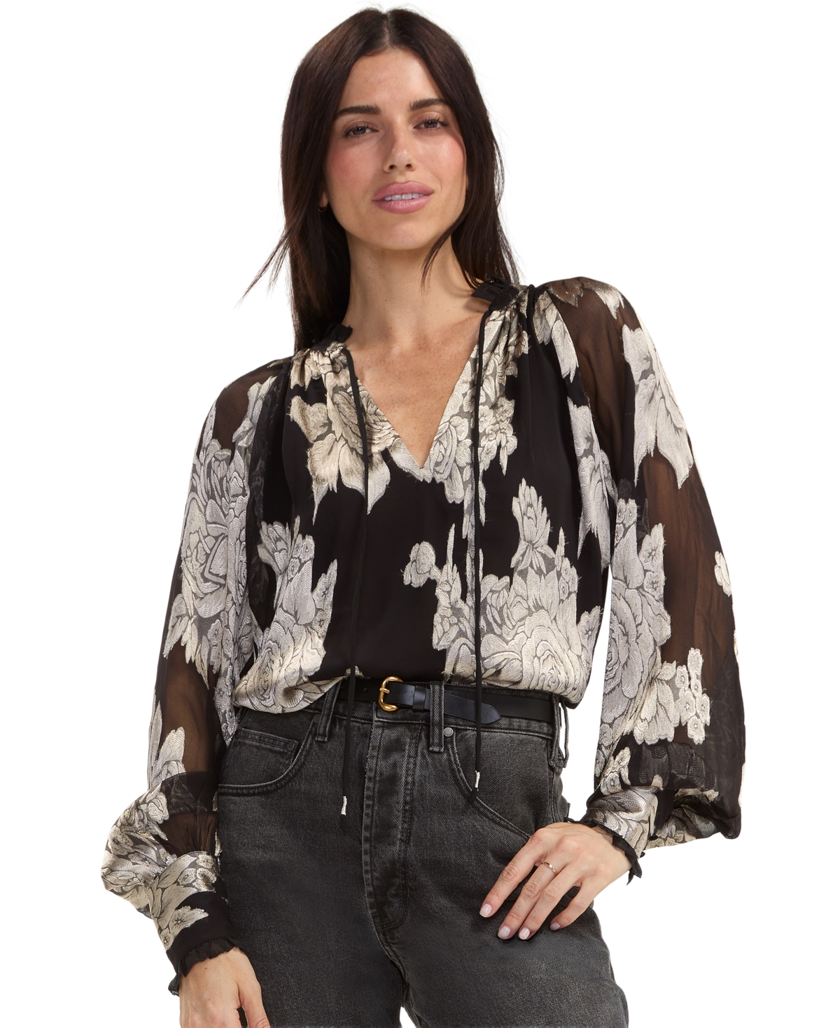 Liverpool Los Angeles Women's Floral-Print Long-Sleeve V-Neck Tie-Front Blouse - Black Multi