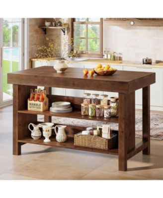 3-Tier Solid Wood Kitchen Island, 55 Inch Stationary Island Table