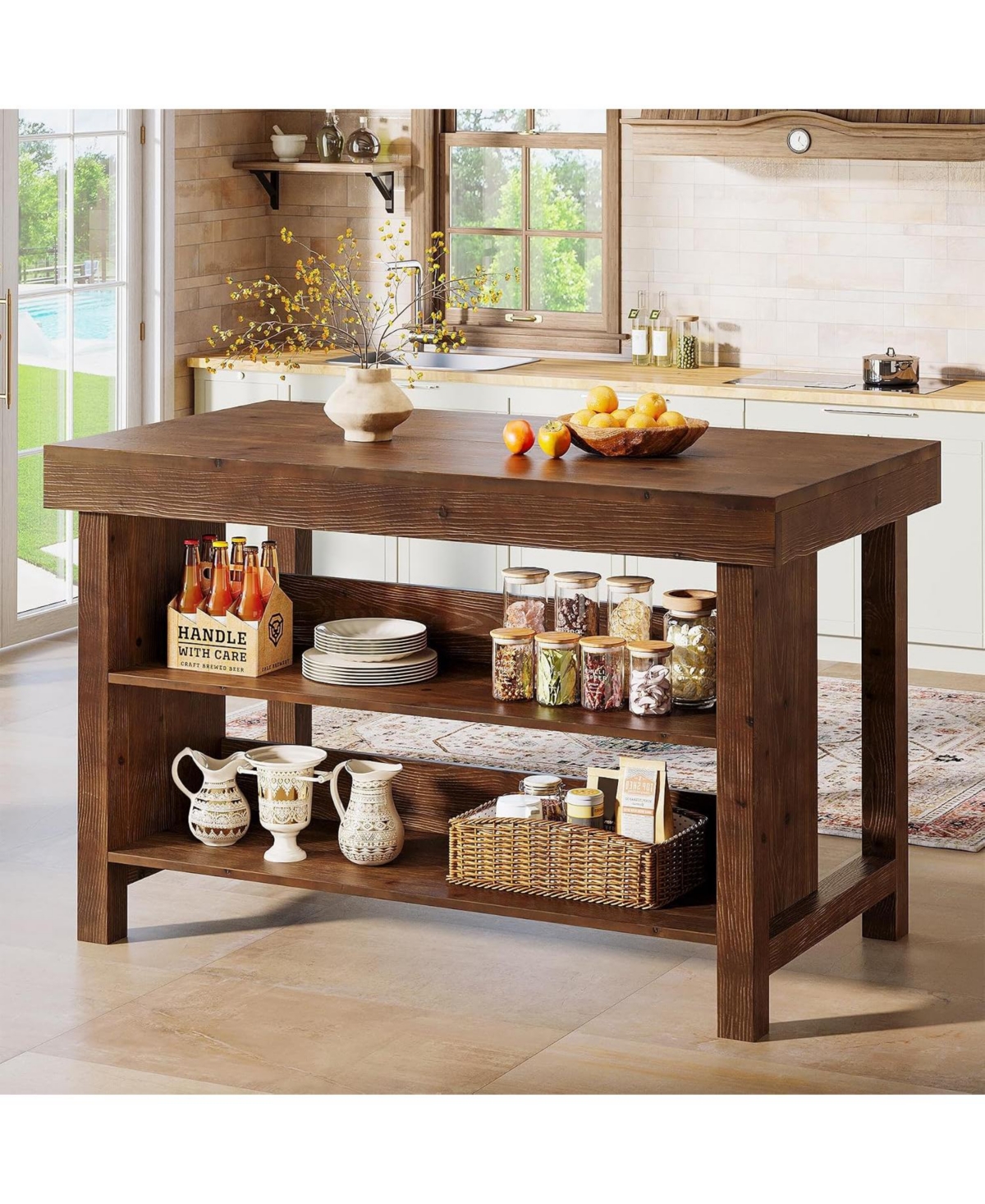 Tribesigns 3-Tier Solid Wood Kitchen Island, 55 Inch Stationary Island Table - Dark brown