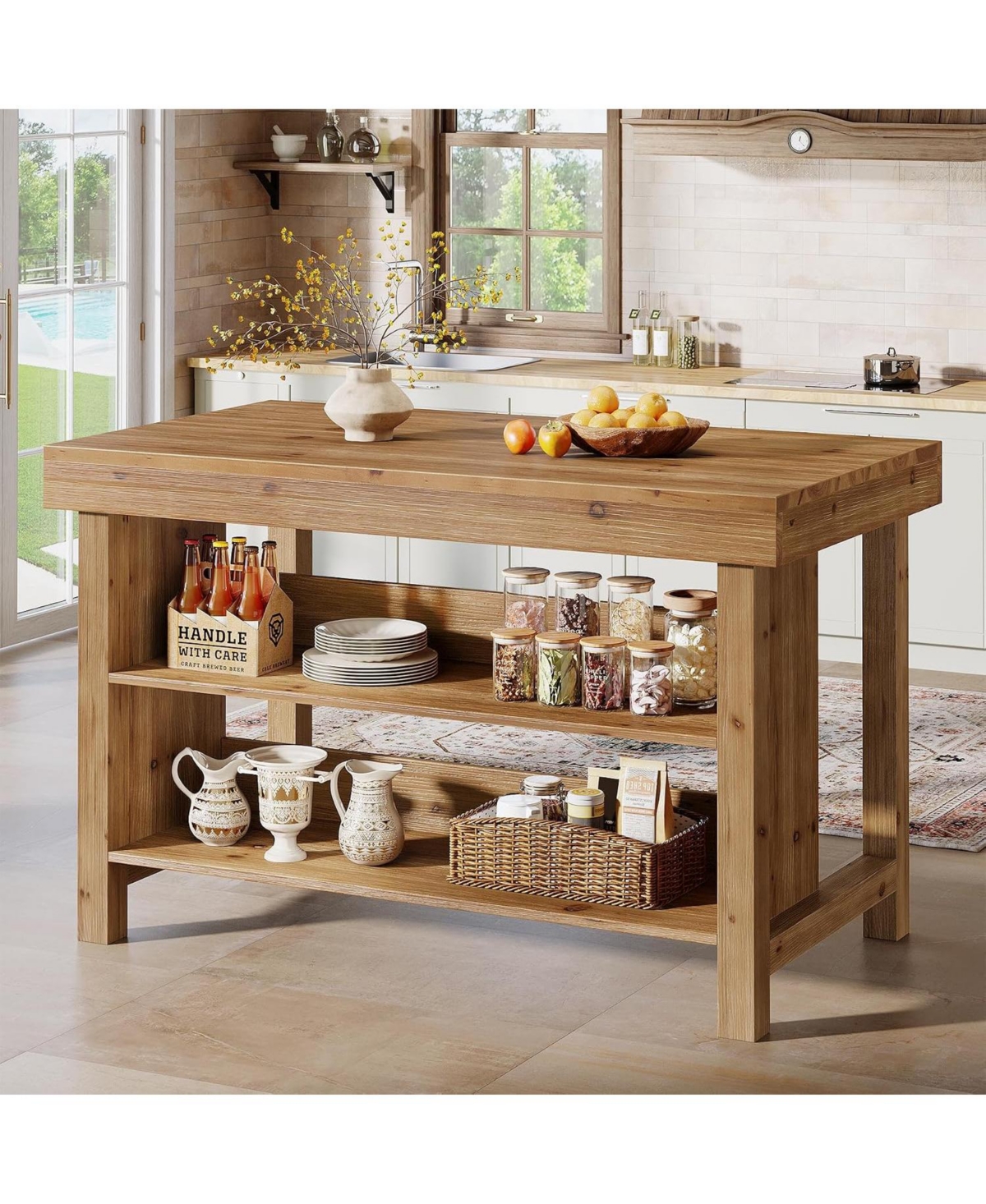 Tribesigns 3-Tier Solid Wood Kitchen Island, 55 Inch Stationary Island Table - Light brown