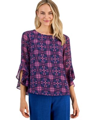 Petite Printed Boat-Neck Ruffle-Sleeve Blouse