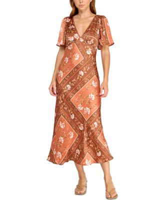 Juniors' Slim-Fit Floral Printed Satin Midi Dress