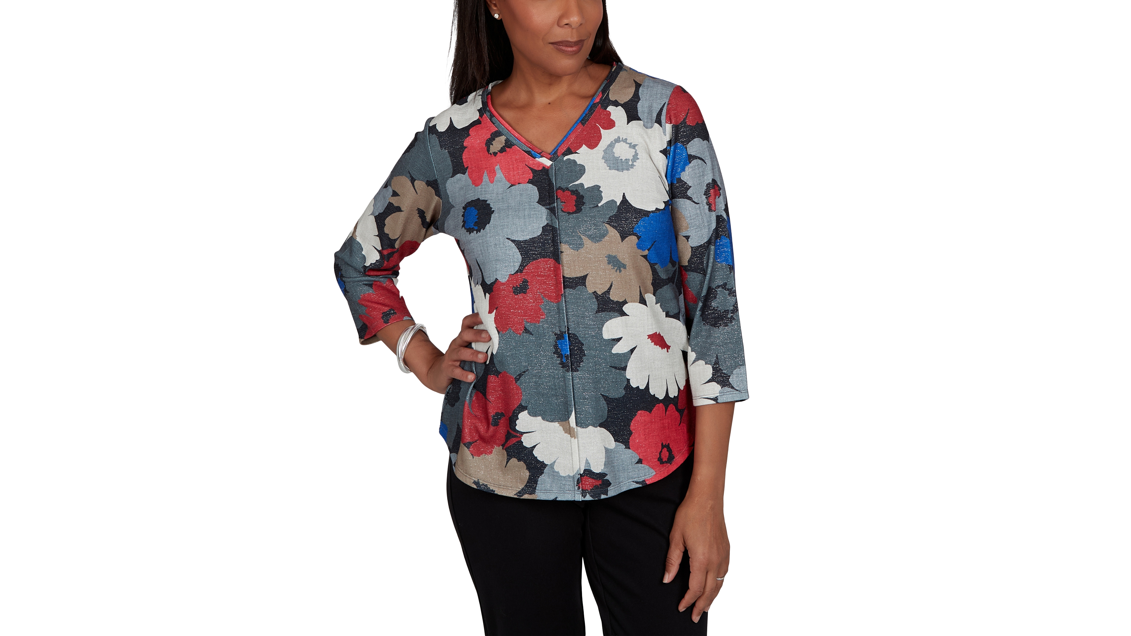 Alfred Dunner Women's Floral V-Neck 3/4-Sleeve Blouse