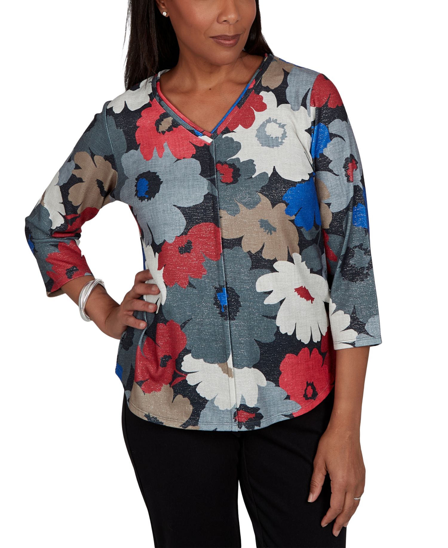Women's Floral V-Neck 3/4-Sleeve Blouse