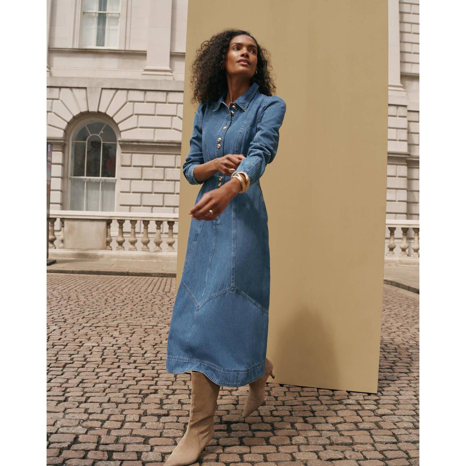 Women's Denim Midi Classic Colllar Shirt Dress