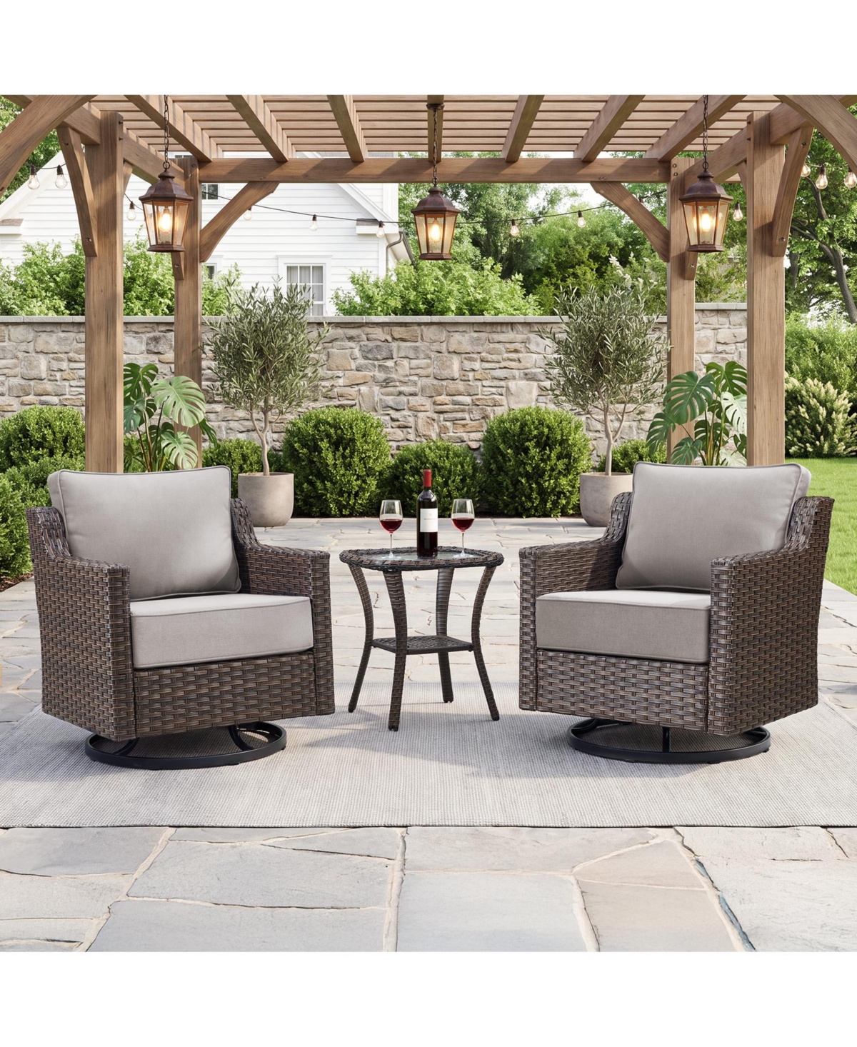 Pocassy Horiz 3-Piece All-Weather Wicker Swivel Rocking Patio Conversation Set with 6inch Thick Cushions
