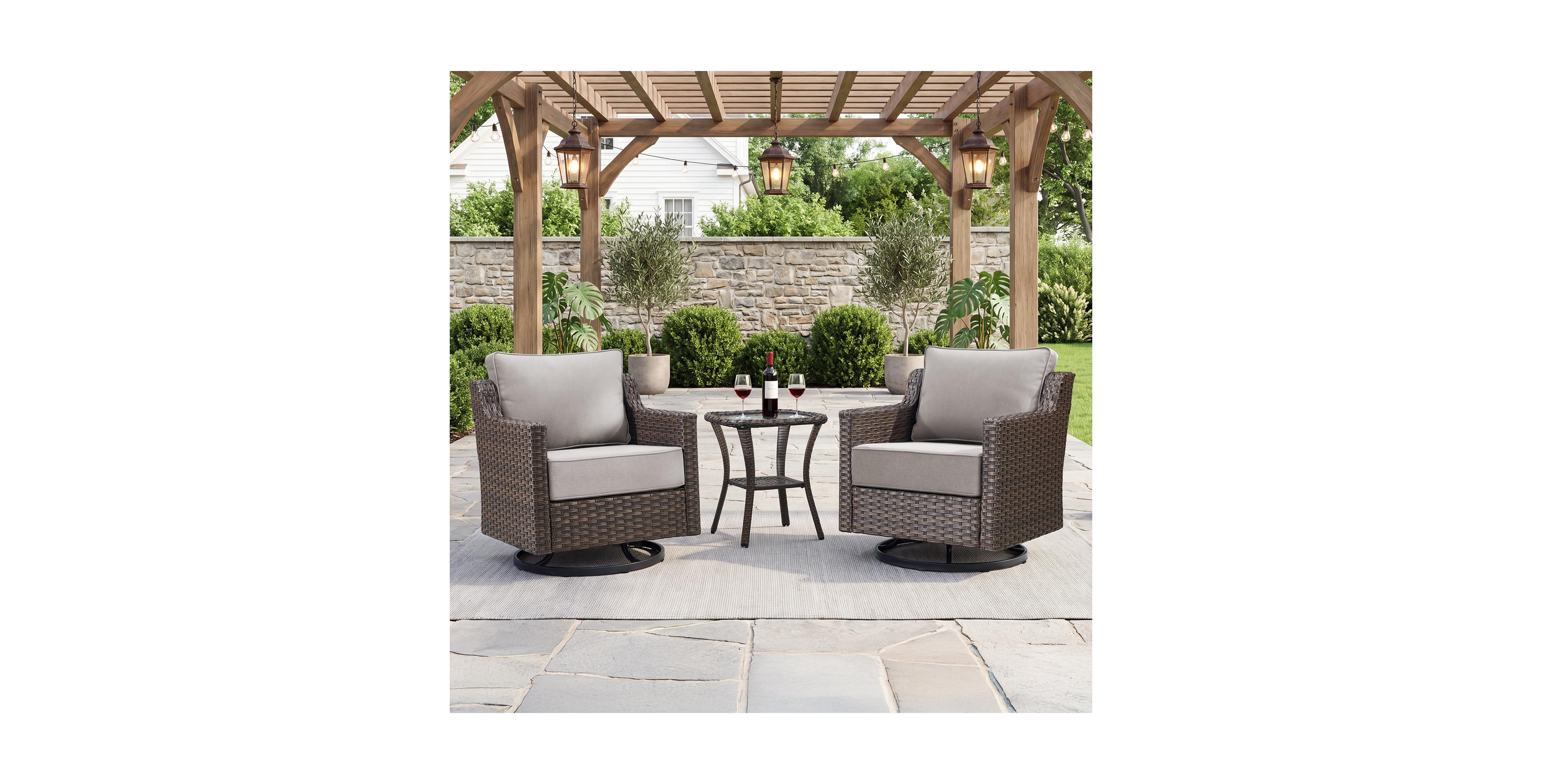 Pocassy Horiz 3-Piece All-Weather Wicker Swivel Rocking Patio Conversation Set with 6inch Thick Cushions