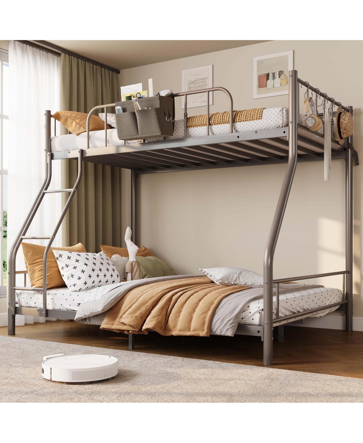 Homfan Twin Over Full Bunk Bed, Heavy-Duty Metal Frame with Ladder & Storage Bag, Steel Slats, No Box Spring Needed, Space-Saving for Kids' Bedroom -